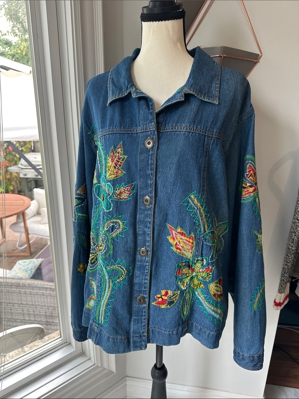 VINTAGE Coldwater Creek Embroidered Floral Blue Denim Jean Jacket 2XL XXL
